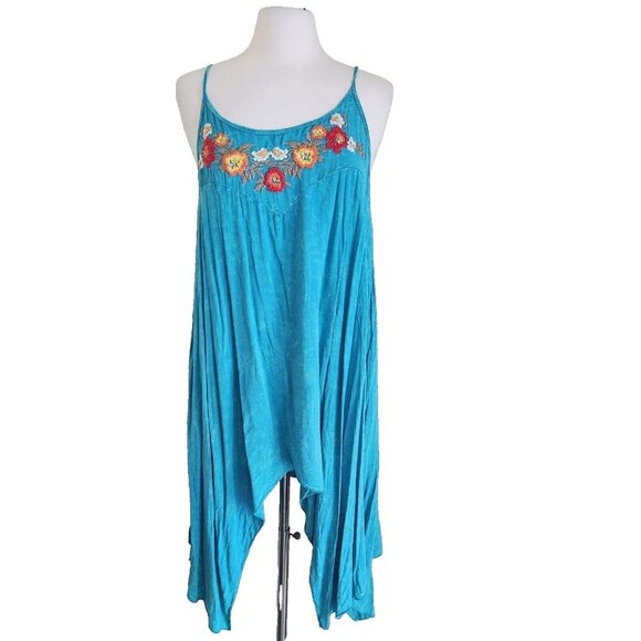 T-Party Turquoise Swing Dress size Large Embroidery Boho Hippie Sleeveless - Picture 1 of 16